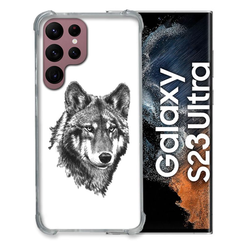 Coque Renfocée en Verre Trempé Transparente Pour Samsung Galaxy S23 Ultra Loup