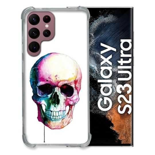 Coque Renfocée en Verre Trempé Transparente Pour Samsung Galaxy S23 Ultra Skull Head Crane Colore
