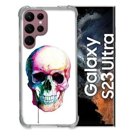 Coque Renfocée en Verre Trempé Transparente Pour Samsung Galaxy S23 Ultra Skull Head Crane Colore