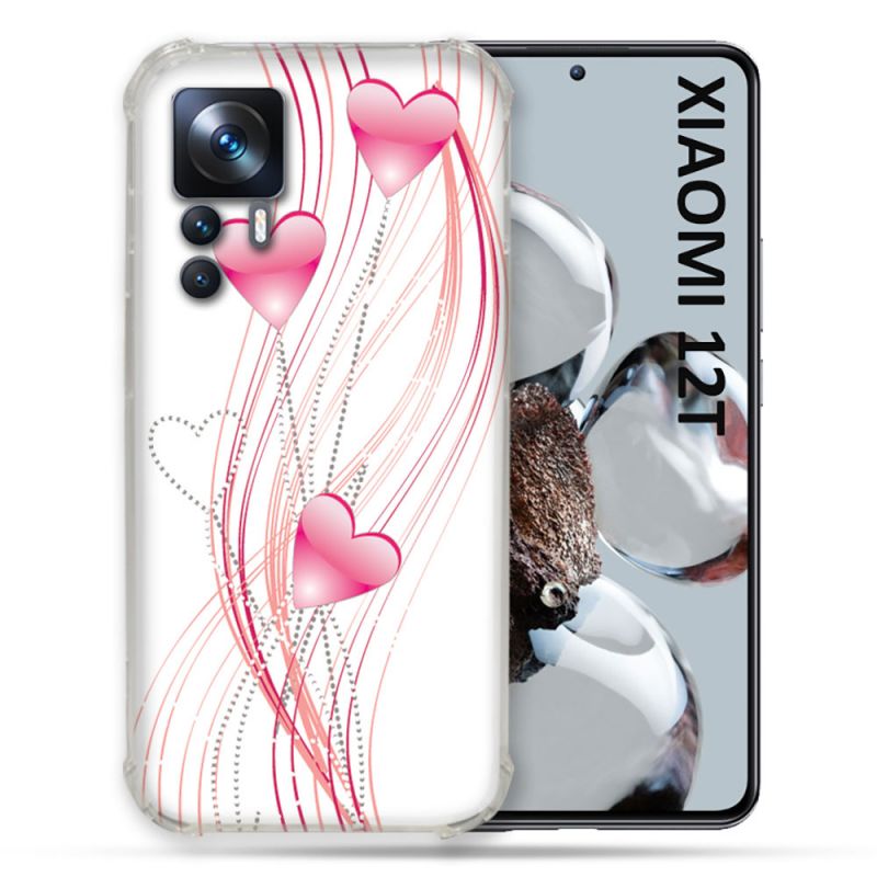 Coque Renforcée En Verre Trempé Pour Xiaomi 12T Amour Coeur Rose Montant sur Blanc