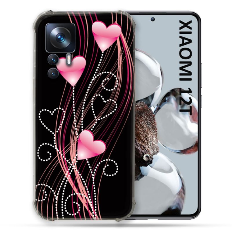 Coque Renforcée En Verre Trempé Pour Xiaomi 12T Amour Coeur Rose Montant sur Noir