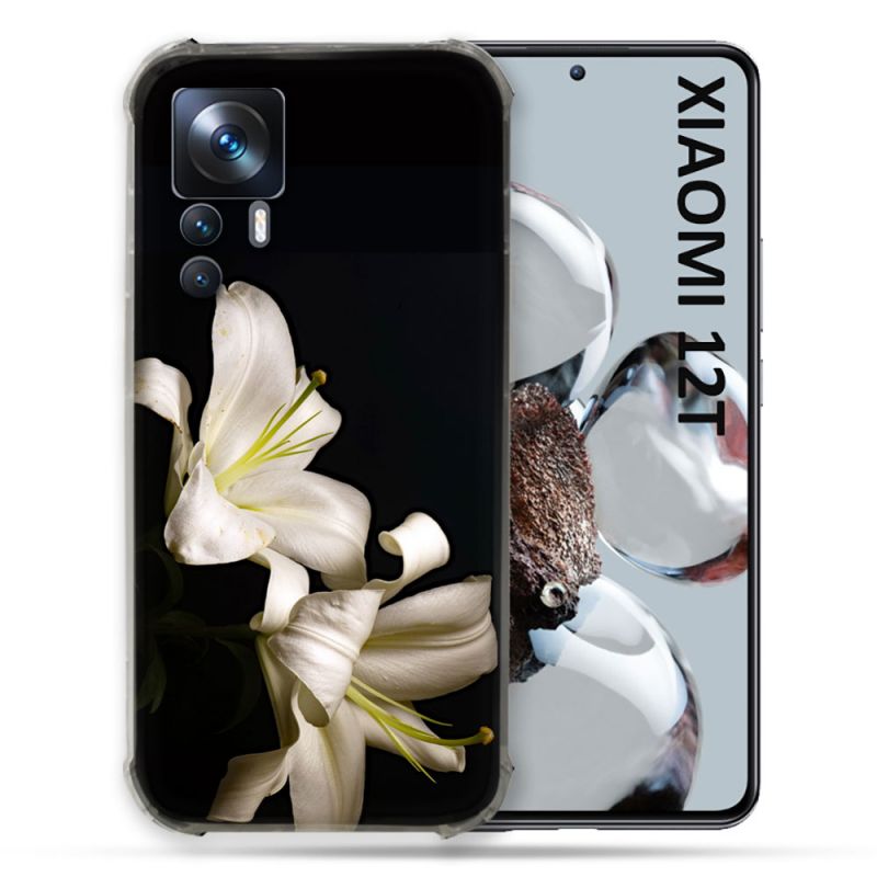 Coque Renforcée En Verre Trempé Pour Xiaomi 12T Fleur Lys Noir