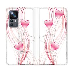 Housse Cuir Portefeuille Pour Xiaomi 12T Amour Coeur Rose Montant sur Blanc