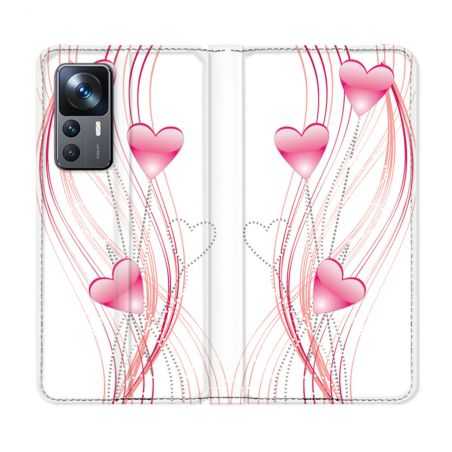 Housse Cuir Portefeuille Pour Xiaomi 12T Amour Coeur Rose Montant sur Blanc