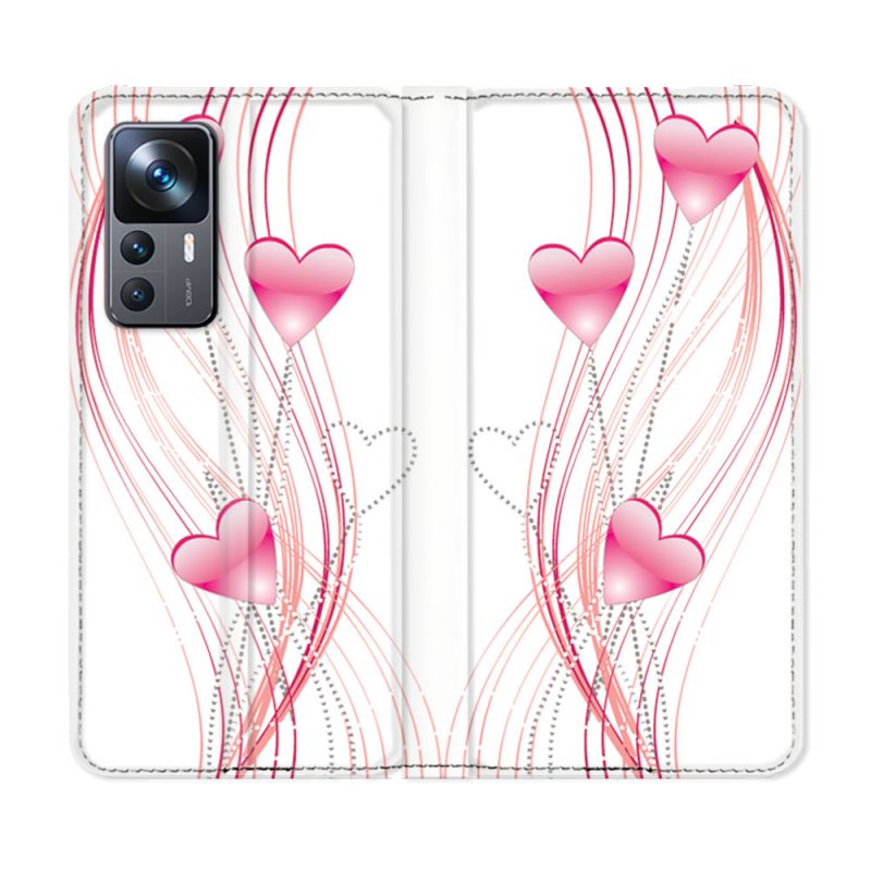 Housse Cuir Portefeuille Pour Xiaomi 12T Amour Coeur Rose Montant sur Blanc
