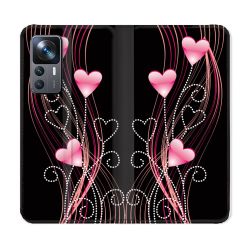 Housse Cuir Portefeuille Pour Xiaomi 12T Amour Coeur Rose Montant sur Noir