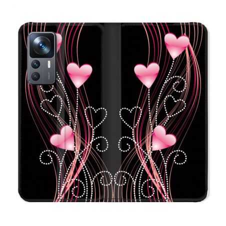 Housse Cuir Portefeuille Pour Xiaomi 12T Amour Coeur Rose Montant sur Noir
