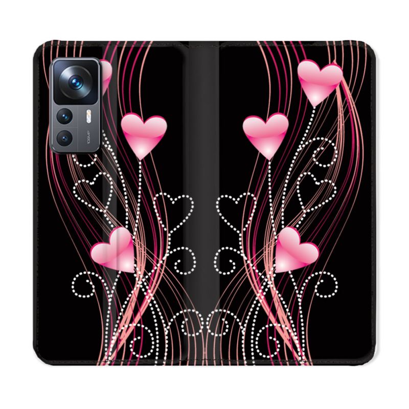 Housse Cuir Portefeuille Pour Xiaomi 12T Amour Coeur Rose Montant sur Noir