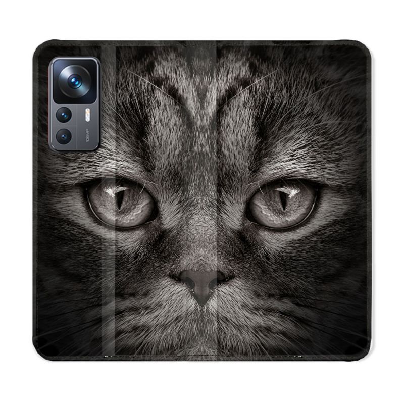Housse Cuir Portefeuille Pour Xiaomi 12T Animal Chat Gris