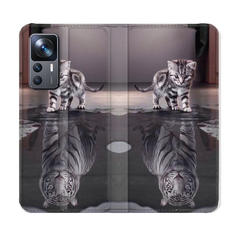 Housse Cuir Portefeuille Pour Xiaomi 12T Animal Chat Reflet
