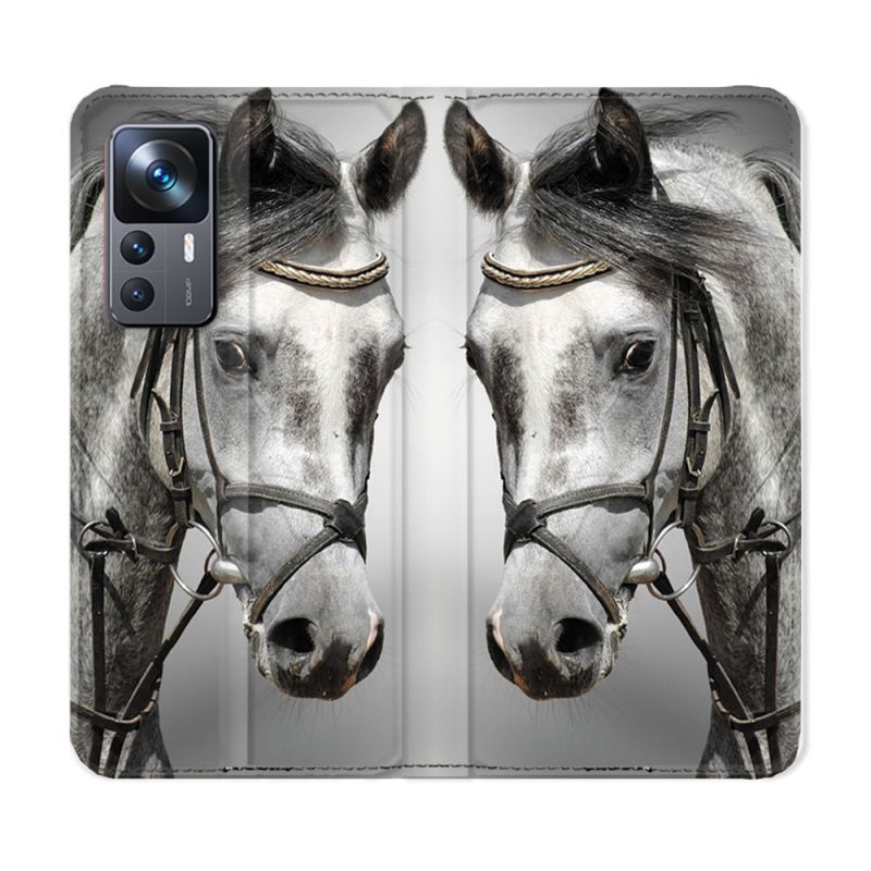 Housse Cuir Portefeuille Pour Xiaomi 12T Animal Cheval Blanc