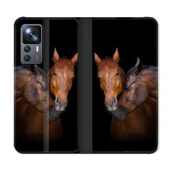 Housse Cuir Portefeuille Pour Xiaomi 12T Animal Cheval Marron
