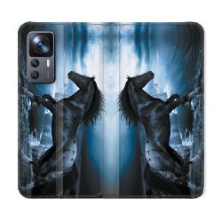 Housse Cuir Portefeuille Pour Xiaomi 12T Animal Cheval Noir