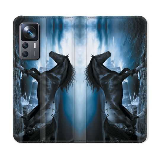 Housse Cuir Portefeuille Pour Xiaomi 12T Animal Cheval Noir