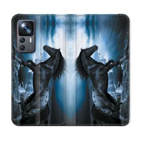Housse Cuir Portefeuille Pour Xiaomi 12T Animal Cheval Noir