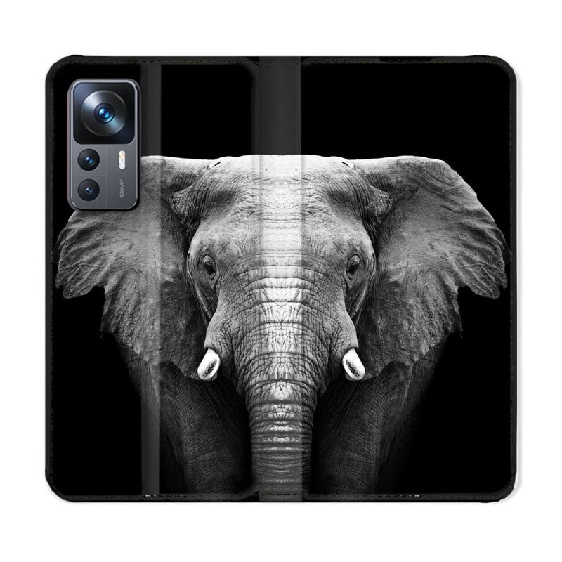Housse Cuir Portefeuille Pour Xiaomi 12T Animal Elephant Noir