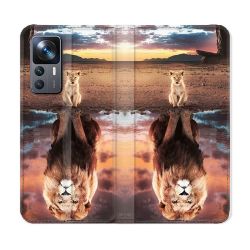 Housse Cuir Portefeuille Pour Xiaomi 12T Animal Lion Reflet