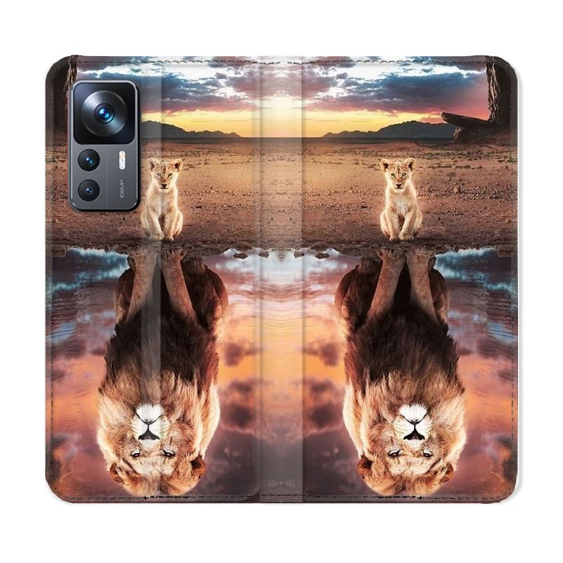 Housse Cuir Portefeuille Pour Xiaomi 12T Animal Lion Reflet