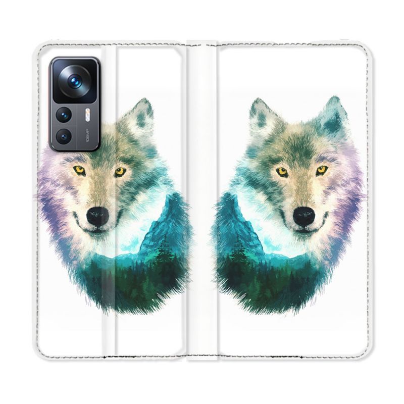 Housse Cuir Portefeuille Pour Xiaomi 12T Animal Loup Montagne