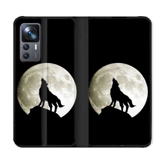 Housse Cuir Portefeuille Pour Xiaomi 12T Animal Loup Noir