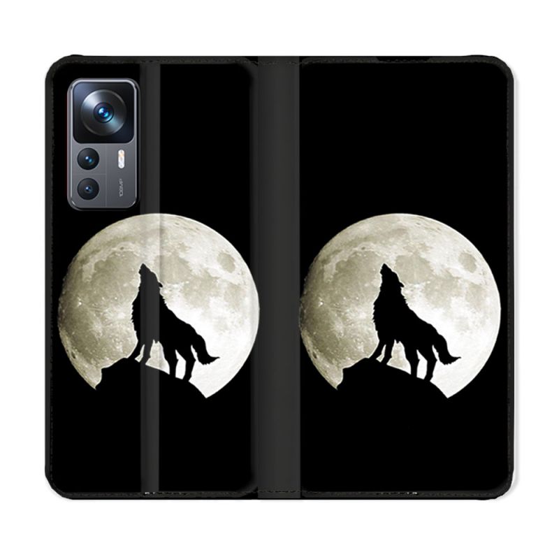 Housse Cuir Portefeuille Pour Xiaomi 12T Animal Loup Noir