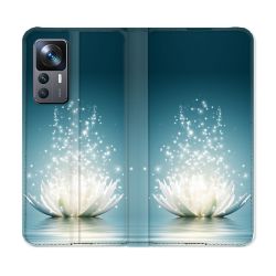 Housse Cuir Portefeuille Pour Xiaomi 12T Fleur Lotus Blanc