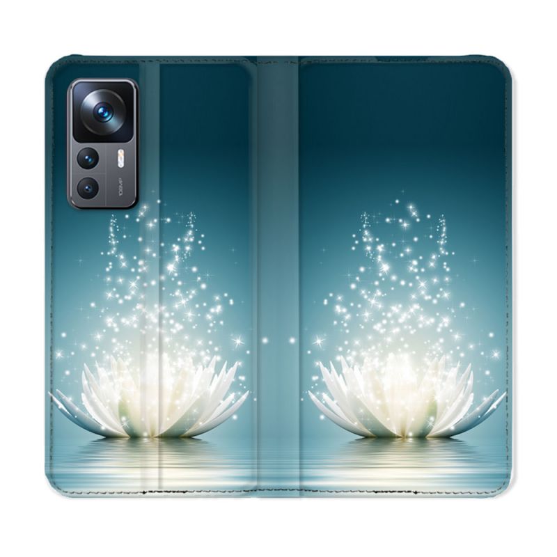Housse Cuir Portefeuille Pour Xiaomi 12T Fleur Lotus Blanc