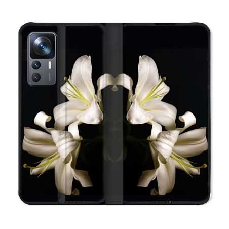 Housse Cuir Portefeuille Pour Xiaomi 12T Fleur Lys Noir