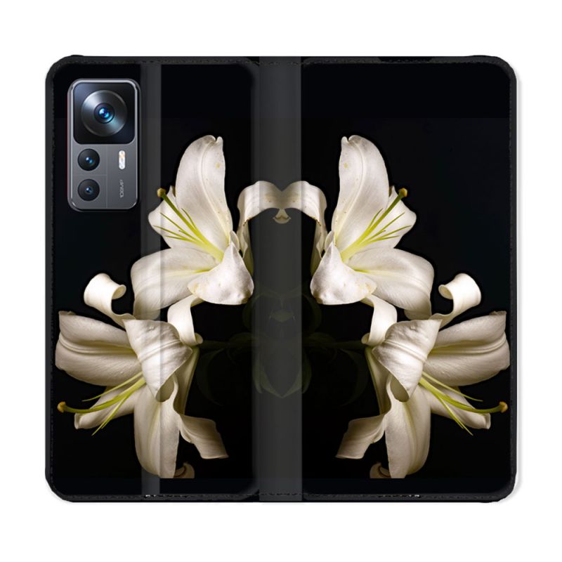 Housse Cuir Portefeuille Pour Xiaomi 12T Fleur Lys Noir