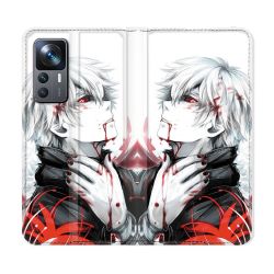 Housse Cuir Portefeuille Pour Xiaomi 12T Manga Tokyo Ghoul Kaneki Blanc
