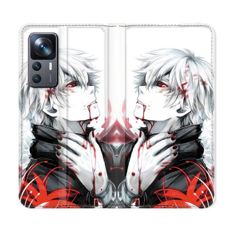 Housse Cuir Portefeuille Pour Xiaomi 12T Manga Tokyo Ghoul Kaneki Blanc