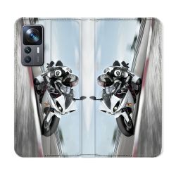 Housse Cuir Portefeuille Pour Xiaomi 12T Moto Course GP Blanche