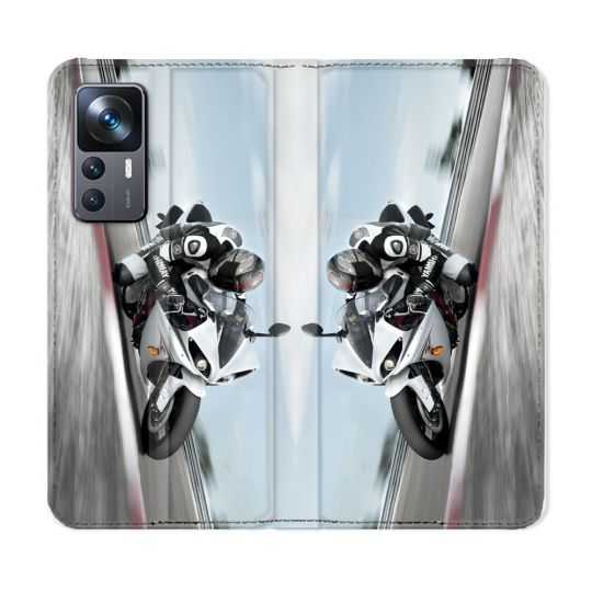 Housse Cuir Portefeuille Pour Xiaomi 12T Moto Course GP Blanche
