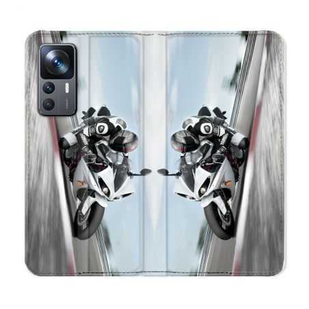 Housse Cuir Portefeuille Pour Xiaomi 12T Moto Course GP Blanche