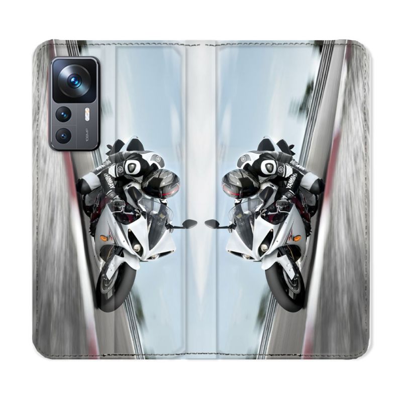 Housse Cuir Portefeuille Pour Xiaomi 12T Moto Course GP Blanche