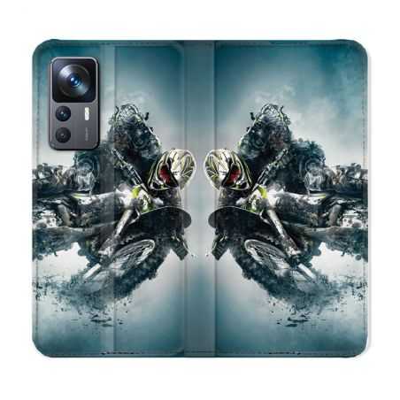 Housse Cuir Portefeuille Pour Xiaomi 12T Moto Cross Ombre