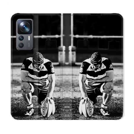 Housse Cuir Portefeuille Pour Xiaomi 12T Sport Rugby Noir Blanc