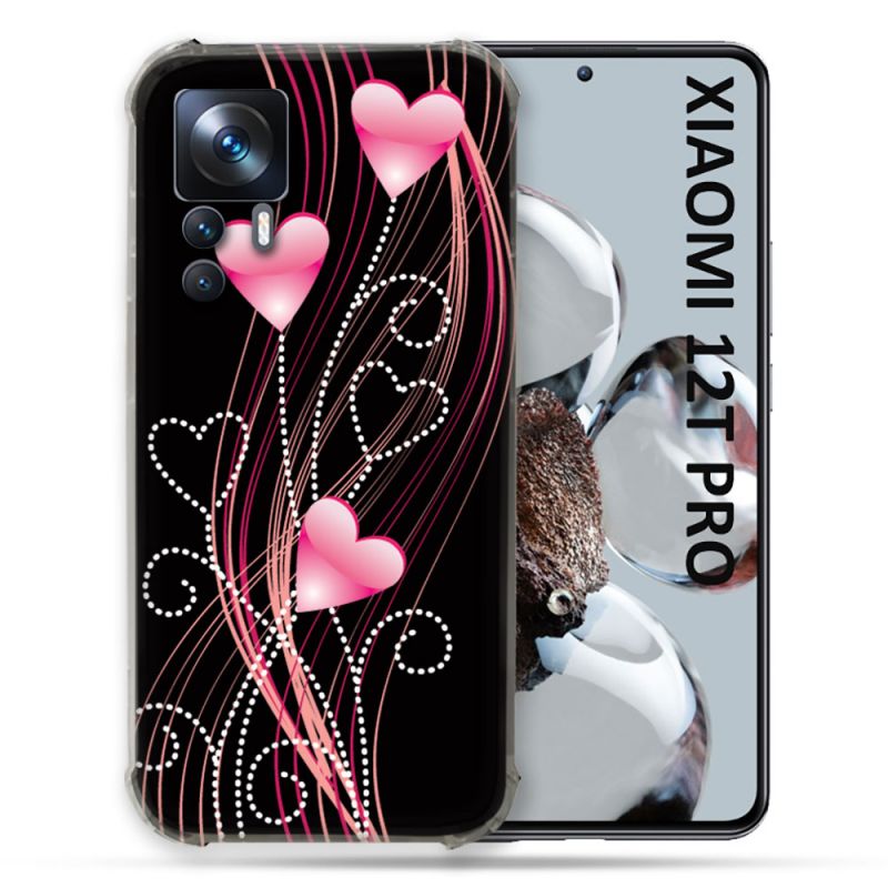 Coque Renforcée Pour Xiaomi 12T Pro Amour Coeur Rose Montant sur Noir