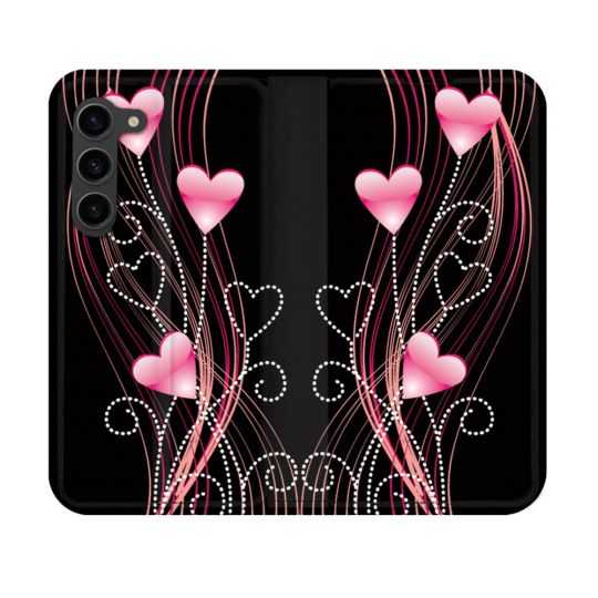 Housse Cuir Portefeuille Pour Samsung Galaxy S23 Amour Coeur Rose Montant sur Noir