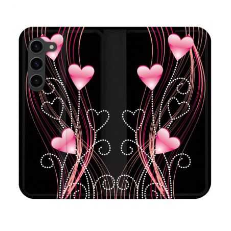 Housse Cuir Portefeuille Pour Samsung Galaxy S23 Amour Coeur Rose Montant sur Noir