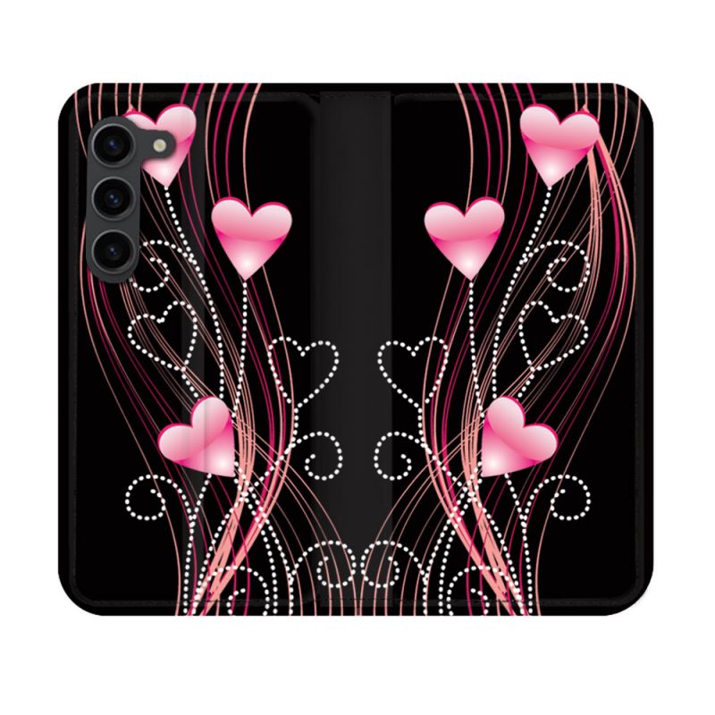Housse Cuir Portefeuille Pour Samsung Galaxy S23 Amour Coeur Rose Montant sur Noir