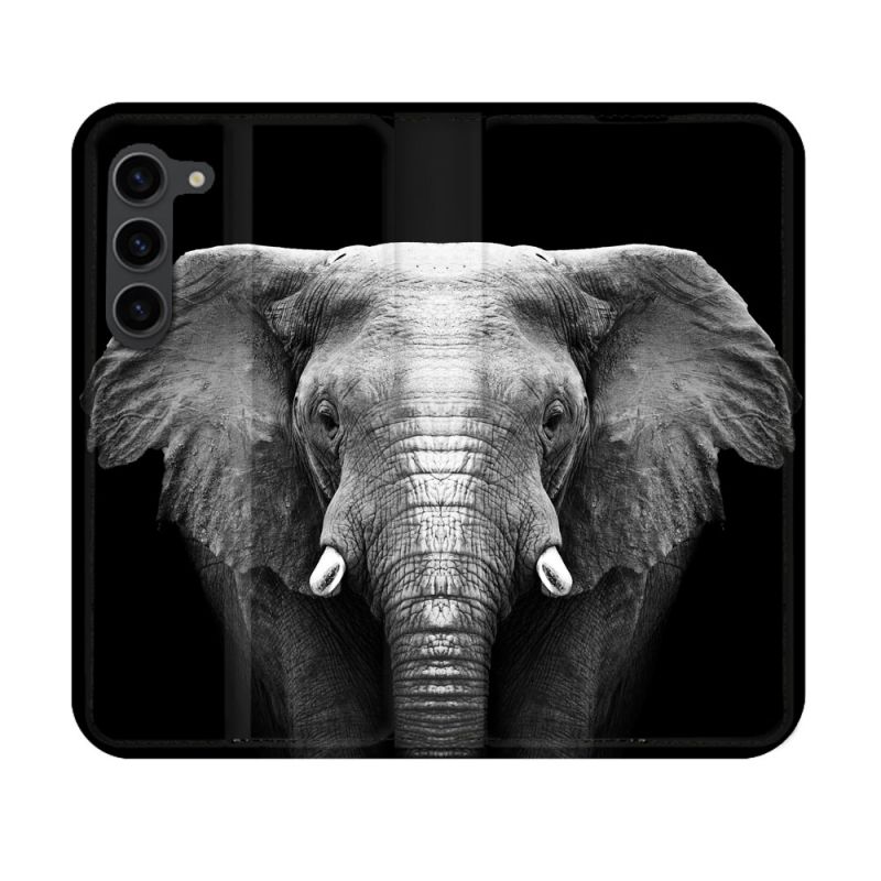 Housse Cuir Portefeuille Pour Samsung Galaxy S23 Animal Elephant Noir