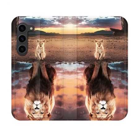 Housse Cuir Portefeuille Pour Samsung Galaxy S23 Animal Lion Reflet