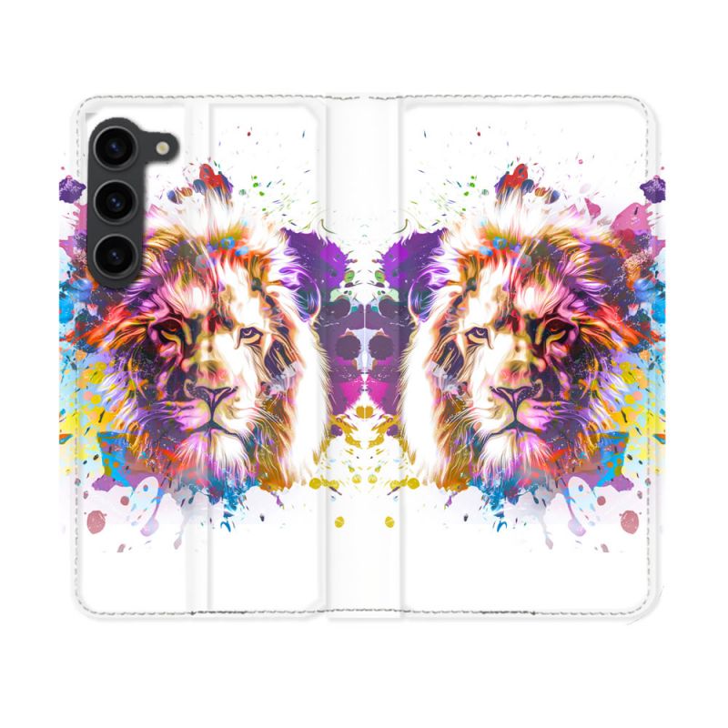 Housse Cuir Portefeuille Pour Samsung Galaxy S23 Animal Lion Tag