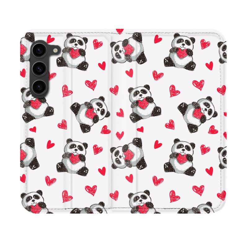 Housse Cuir Portefeuille Pour Samsung Galaxy S23 Animal Panda Cœur