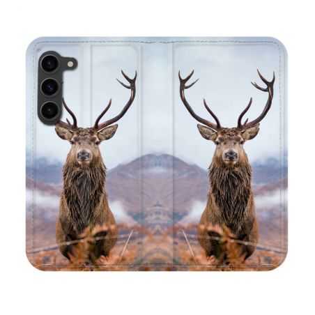 Housse Cuir Portefeuille Pour Samsung Galaxy S23 Chasse Chevreuil Montagne