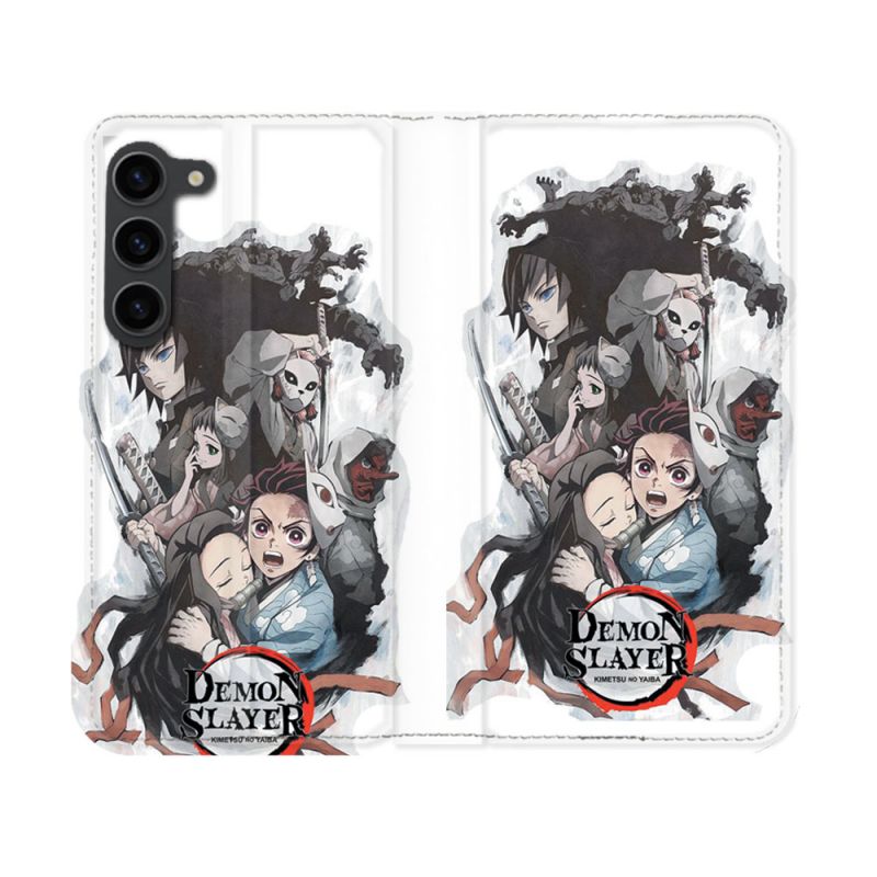 Housse Cuir Portefeuille Pour Samsung Galaxy S23 Manga Demon Slayer Blanc