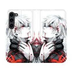 Housse Cuir Portefeuille Pour Samsung Galaxy S23 Manga Tokyo Ghoul Kaneki Blanc