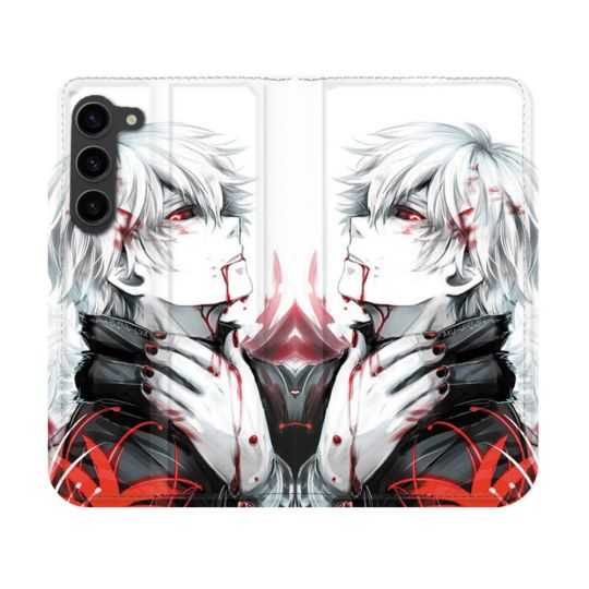Housse Cuir Portefeuille Pour Samsung Galaxy S23 Manga Tokyo Ghoul Kaneki Blanc