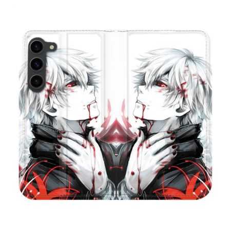 Housse Cuir Portefeuille Pour Samsung Galaxy S23 Manga Tokyo Ghoul Kaneki Blanc